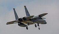 A US Air Force F-15C Eagle, tail number 80-0012, on final approach at Kadena Air Base in Okinawa, Japan