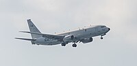 A Boeing P-8 Poseidon, tail number 168761, on final approach at Kadena Air Base in Okinawa, Japan. It is assigned to Patrol Squadron 45 (VP-45) at NAS Jacksonville, Florida, United States.