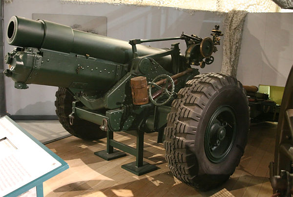 6-inch 26 cwt Howitzer on World War II pneumatic tyres at Firepower - The Royal Artillery Museum