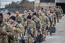 U.S. 82nd Airborne Division and XVIII Airborne Corps troops board a C-17 to deploy to Eastern Europe, 8 February 2022 82nd Airborne Division and the 18th Airborne Corps deploy to Europe February 2022.jpg