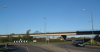 A66 elevated section in Middlesbrough with the Transporter Bridge in the background