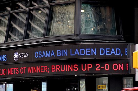 An ABC News display board in New York City shows a headline relating to Osama bin Laden's death.