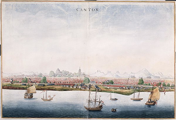 View of Canton with merchant ship of the Dutch East India Company, c. 1665