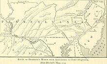 Map showing the location of Fort Allen, upper right quadrant, to the east of Gnadenhutten. A history of Pennsylvania (1913) (14597315100).jpg