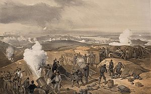 British artillery battery at Sebastopol by William Simpson, 1855. A colonel commented that a contemporary illustration depicted them 'dressed as we ought to be, not as we are ... we've neither the huts, fur hats, boots or anything in the picture'. A hot day in the batteries.jpg