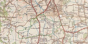 Gatwick Airport area as at about 1925 with current airport boundary in green outline. The racecourse is in the northeast end of the airport area. Aa oldgatwick airport00.jpg