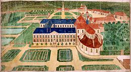 Akvarellplan for klosteret Beaubec-la-Rosière, ca 1750.