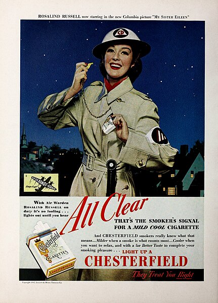 File:Air Warden Rosalind Russell - All clear. Light up a Chesterfield, 1942.jpg