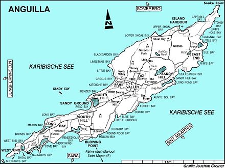 Map of Anguilla showing the pond near the south-western end of the island Anguilla map.jpg