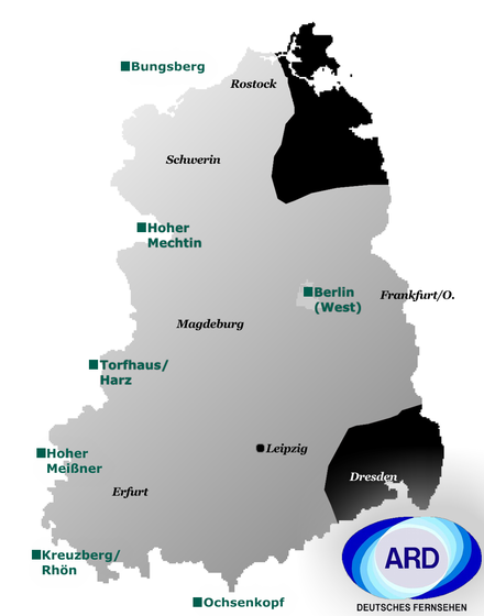 Areas with ARD/Das Erste reception in East Germany in grey with black areas having no reception (often jokingly referred to as Außer (except) Rügen und Dresden), and broadcasting transmitters near the inner German border.