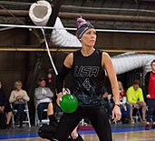 Azalea Donche, preparing to counter at the World Dodgeball Championships in Los Angeles in 2018 Azalea team usa.jpg