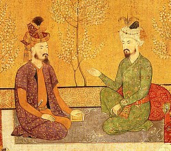 The Mughal Emperor Babur and his heir Humayun. The word Mughal is derived from the Persian word for Mongol. Babur and Humayun.jpg