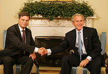 Dutch Prime Minister Jan Peter Balkenende and U.S. President George W. Bush in the Oval Office on 5 June 2008 Balkenende visits Bush June 2008.jpg