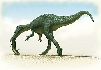 Reconstruction of Baryonyx with a fish in its jaws