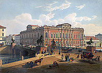 Anichkov-brug en het Beloselsky-Belozersky-paleis, 1851-1860, lithografie naar de tekening van I. Karel de Grote