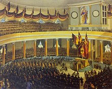 Germany's first national parliament meeting in Frankfurt. The double-headed eagle, now without the haloes of the Holy Roman Emperor's eagle, can be seen. Bilderrevolution0234.jpg