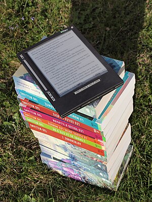 Bouquin électronique iLiad sur une pile de livre dehors au soleil.jpg