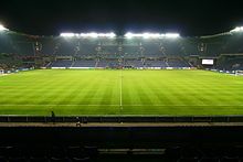 Brøndby Stadium at night-time.