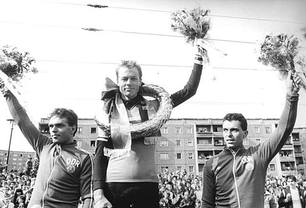Olaf Ludwig (East Germany), Morten Saether (Norway), and Uwe Raab (East Germany) on the podium during the 1987 edition