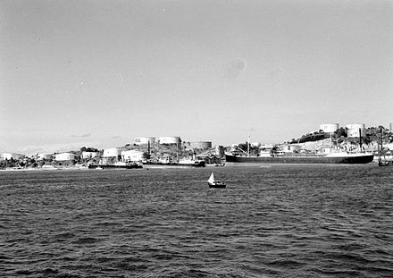 Harbor view with oil tanks from the Shell at Sambu Island, 1936