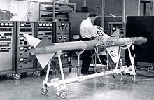 A Sparrow II is tested at a Canadair facility. Note the RCAF roundels painted on the fins. Canadair Sparrow missile.jpg