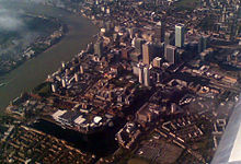 A 2009 photo showing Canary Wharf with Millwall Dock on the Isle of Dogs CanaryWharfFromPlane.jpg