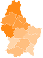 A map of cantons of Luxembourg after mergers of 2006-01-01, colour-coded by the altitude of the highest peak in the commune.