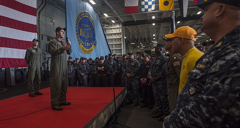 File:Captain addresses Sailors during an all-hands call. (36419601082).jpg