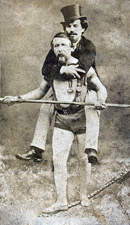 Blondin carrying his manager, Harry Colcord, on a tightrope[104]