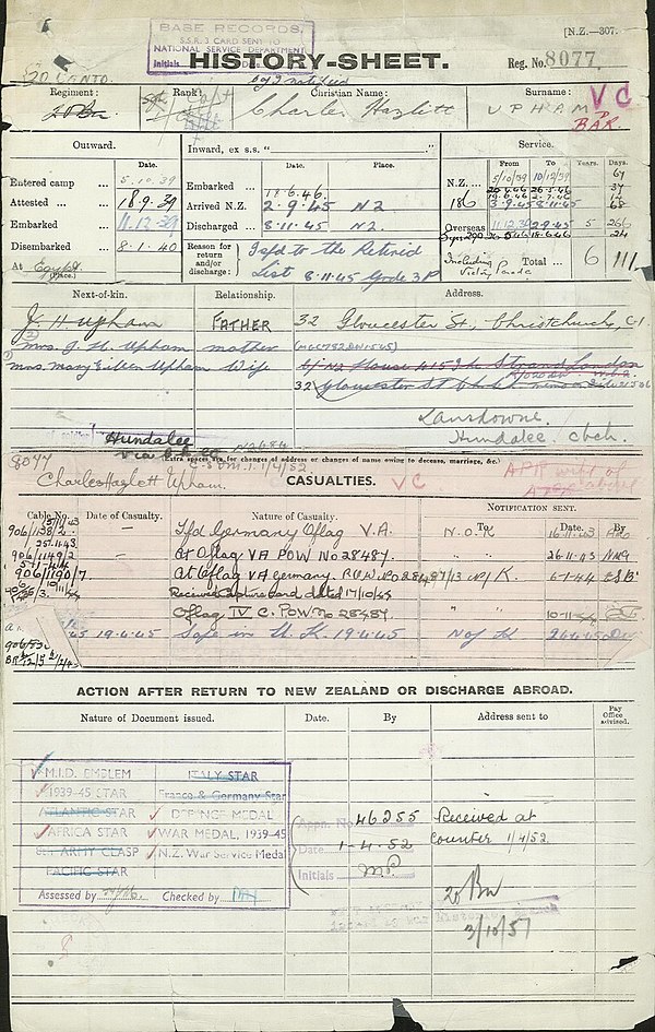 Charles Hazlitt Upham, history sheet of WWII Personnel File