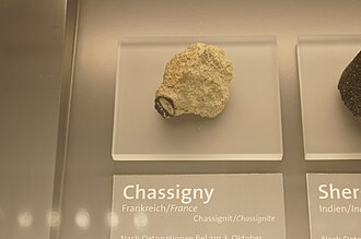 Mars meteorite rock, in Vienna science Museum. Chassigny meteorite.jpg