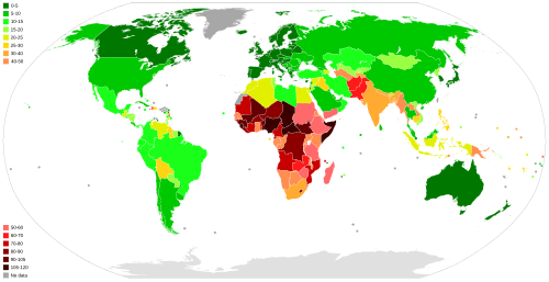 Under-5 mortality rates per 1000 live births, 2019 Child mortality map of the world 2019.svg