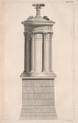 Dessin en nuances de gris d'un monument à colonne de style grec, daté de l'Antiquité.