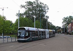 A south-bound tram departing for the city centre