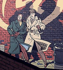 Blake et Mortimer peints sur un mur de brique, le regard halluciné.