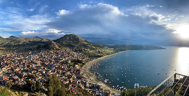 A view of Lake Titicaca taken from the town of Copacabana, Bolivia