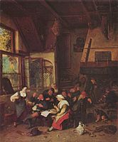 Tavern Scene label QS:Lde,"Wirtshausszene" label QS:Len,"Tavern Scene" label QS:Lpl,"Scena karczemna" label QS:Lnl,"Herbergscène" 1675-1704. oil on canvas medium QS:P186,Q296955;P186,Q12321255,P518,Q861259 . 68.3 × 57 cm (26.8 × 22.4 in). Budapest, Museum of Fine Arts.