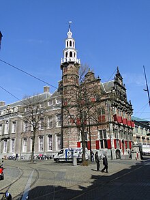 Old City Hall of The Hague on the Groenmarkt, seen from the Nieuwstraat. It was built in 1564 replacing the count's castle. The tower in the background is possibly built on the remnants of the older castle called Hof van Brederode. Den Haag - panoramio (152).jpg