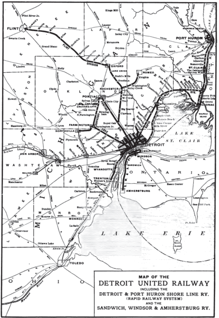 A map showing the Detroit United Railway's network in 1904. Interurban routes link street railroads in Detroit, Port Huron, and Windsor.