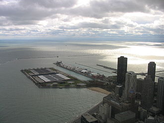 The Jardine Water Purification Plant lies north of Navy Pier. Far in the distance can be seen the Four Mile Crib from which it once drew water, prior to the supply tunnels collapse. Downtown Chicago Illinois Nov05 img 2612.jpg