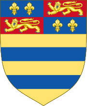 Blasón: O, dos barras Azure, un jefe trimestral, 1º y 4º Azure, dos Fleurs-de-Lys Or, 2º y 3º Gules, un león guardián pasante Or.