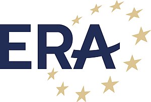 ERA logo - Schriftzug ERA in Dunkelblau umrandet von goldenen Sternen