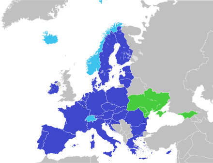 In January 2016, Ukraine joined the Deep and Comprehensive Free Trade Area (green) with the EU (blue), established by the Ukraine–European Union Association Agreement, opening its path towards European integration.