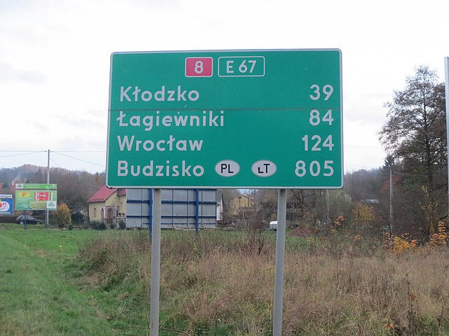 Distance sign behind the Czech border in Poland