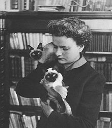 Elsa Morante with her cats at her apartment in Rome