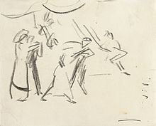 Dance scene (dancing people in Eldorado) (1910), sketch by Ernst Ludwig Kirchner (1880-1938) Ernst Ludwig Kirchner Tanzszene 1910.jpg