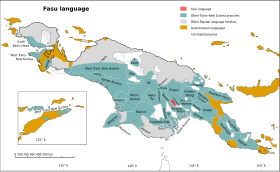 Bereik van de fasu in Nieuw-Guinea, in het rood op de kaart.