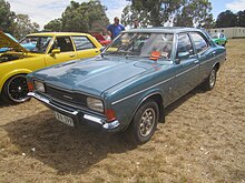 A 1976 Cortina XL sedan with a 250 cu in (4.1 L) 6-cylinder, indicated by the bonnet bulge Ford TD Cortina Sedan (1976-77).jpg