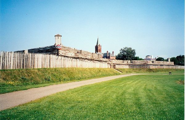 View of the stockade and Fort Stanwix reconstruction completed in 1976 (based on 1758 and 1776 structures)