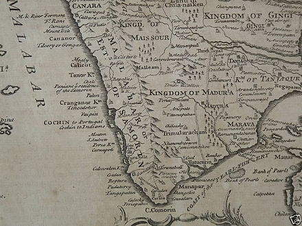 South India (1744) from a map by Emanuel Bowen, an English map engraver. Note that in the map, only Kingdom of Tanur is shown with a separate boundary within the Kingdom of Zamorin